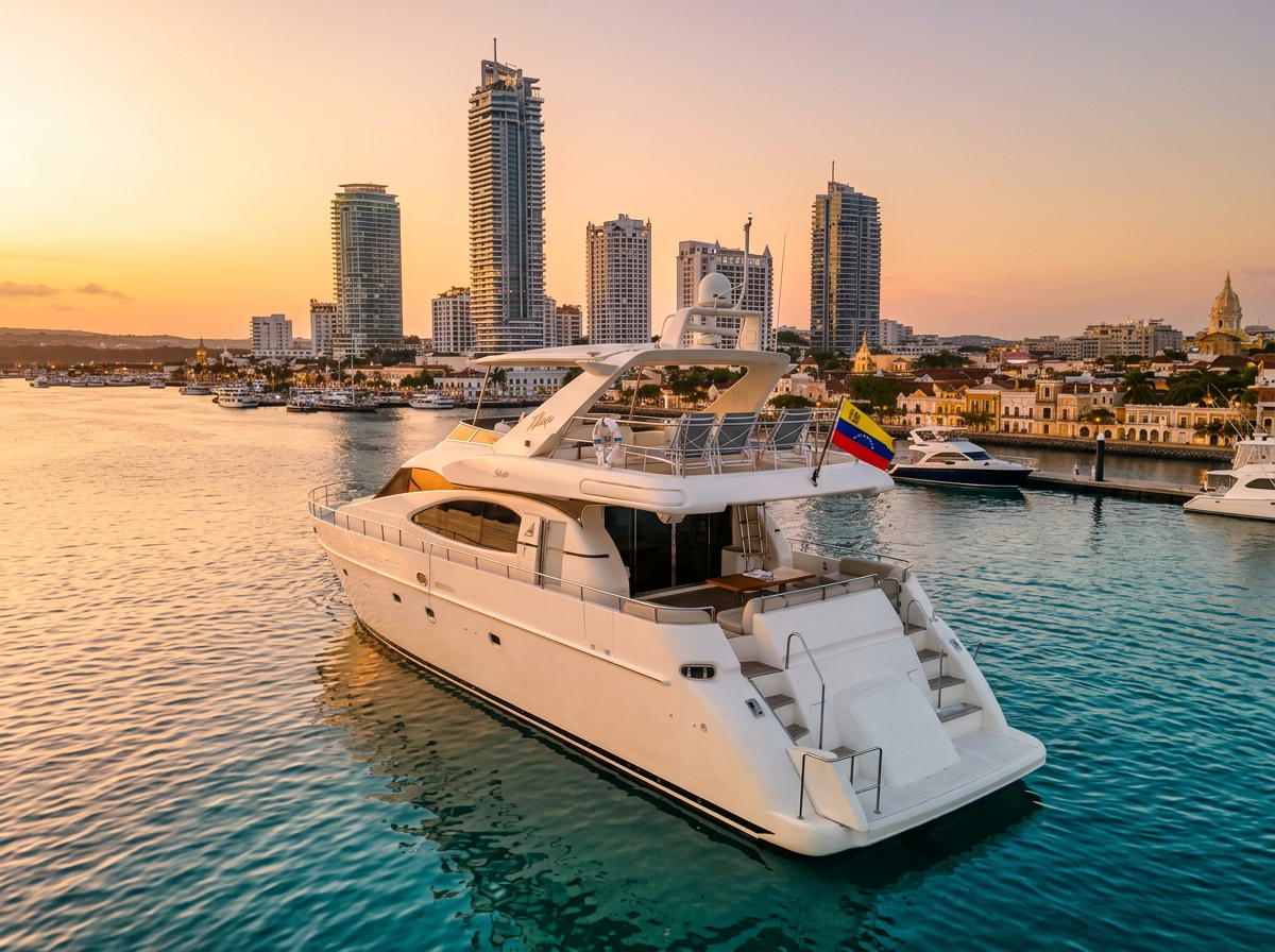 Yate de lujo anclado en la Bahía de Cartagena con vista al Centro Histórico durante el Festival Náutico