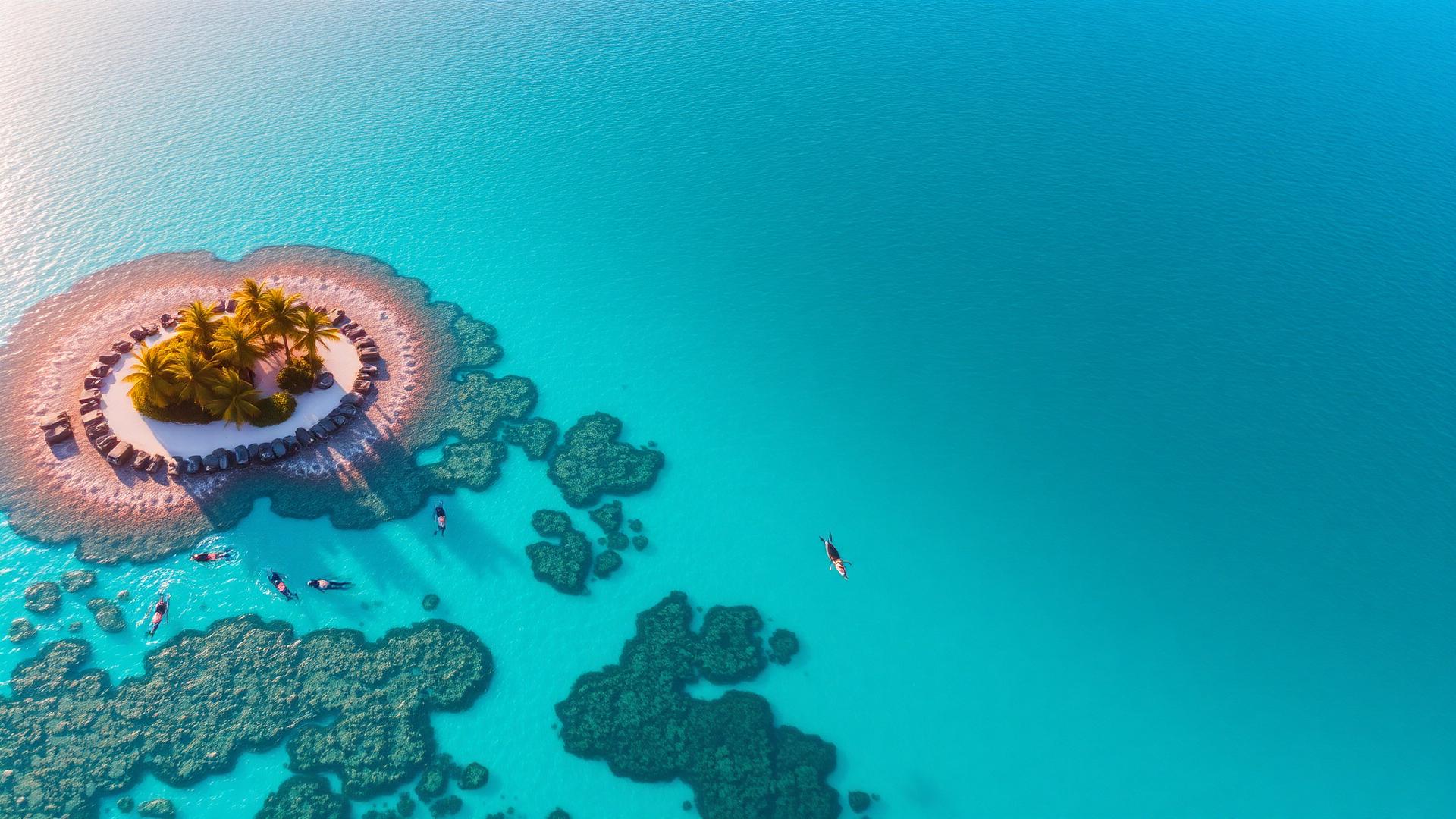 Vista aérea de las Islas del Rosario con aguas turquesas, arrecife de coral y snorkelistas cerca de un islote con palmeras